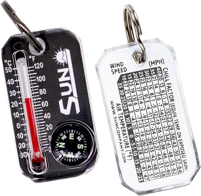 Sun Company Therm-o-Compass | Multi-Functional Zipper Pull Compass & Thermometer with Wind Chill Chart | Ideal for Camping, Hiking, and Outdoor Navigation