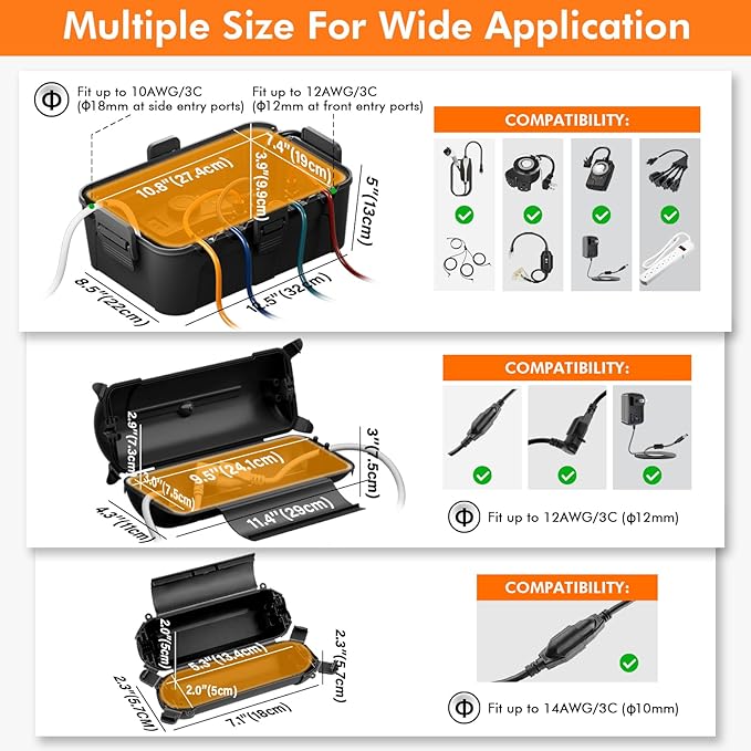 Restmo 4 Pack Mini IP44 Waterproof Outdoor Connection Box with Lockable Latches and Mounting Holes, Weatherproof Extension Cord Safety Cover for Outdoor Plugs, Lights, Cables, Wires, Size Small, Black