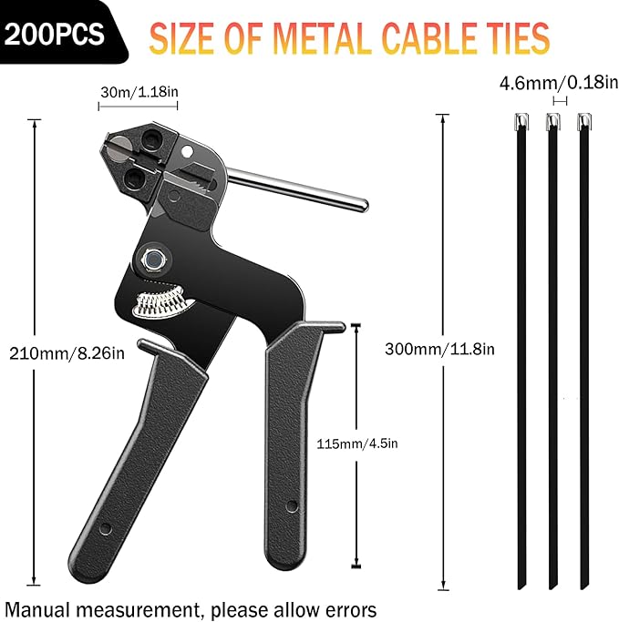 200PCS Heavy-Duty Metal Zip Ties with Cable Tie Gun for Fastening and Cutting, 11.8 Inch UV-Resistant Black Stainless Steel Ties for Fence, Pipe, Exhaust, Vehicle & Farm Use