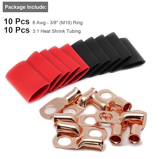 TKDMR 10pcs 6 AWG-3/8 Battery Lugs,Heavy Duty Wire Lugs,Ring Terminals,Battery Cable Ends,0 Guage terminals,Battery Terminal Connectors with 10pcs 3:1 Heat Shrink Tubing