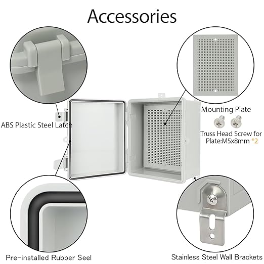 Junction Box IP65 Waterproof Electrical Box Outdoor ABS Plastic Project Box Hinged Shell Universal Enclosure Box with Mounting Plate, Wall Brackets, Cable Glands 8.7"x 6.7" x 4.3"