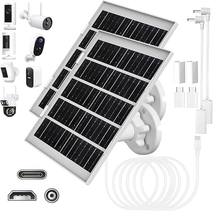 8W Solar Panel Charger for Outdoor Security Cameras, with Micro USB/USB-C and DC (35 x 135) Port, Fits Ring/Eufy/Wyze/Bird Feeder Camera, 13ft Cable, Fast Charging (2 Pack)