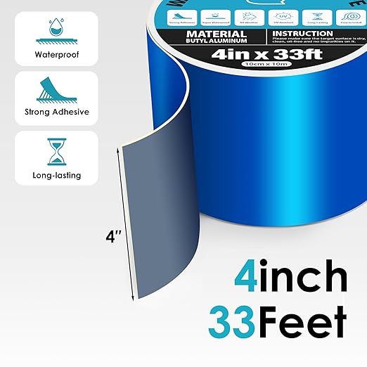 RV Roof Tape Blue 4" x 33ft, Upgraded Butyl Sealant Tape Heavy Duty Joist Tape for Decking, Waterproof Tape for Metal Roof Patch, Pool Cover & Window Leak Sealing, Boat Repair