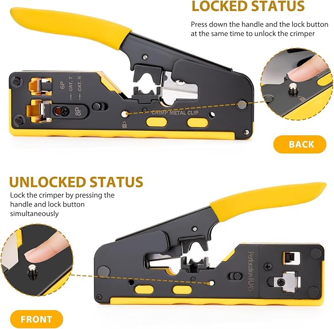 RJ45 Crimp Tool Pass Through Kit - Professional Complete Ethernet Crimping tool kit with Tester 30 Cat6 Connectors & Covers for Cat5/Cat5e/Cat6/Cat7/Cat8