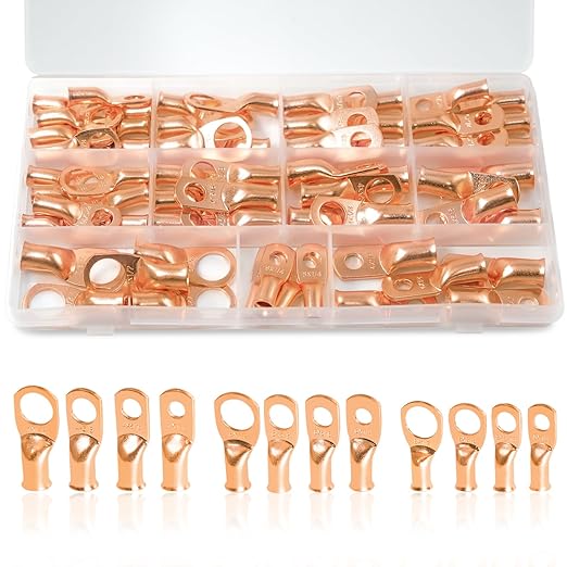 60 PCS Battery Terminal Connectors, Battery Cable Ends Lugs, 4 6 8 Gauge Wire Connectors, 1/2" 1/4" 3/8" 5/16" Stud Ring Terminals, Copper Wire Lugs.