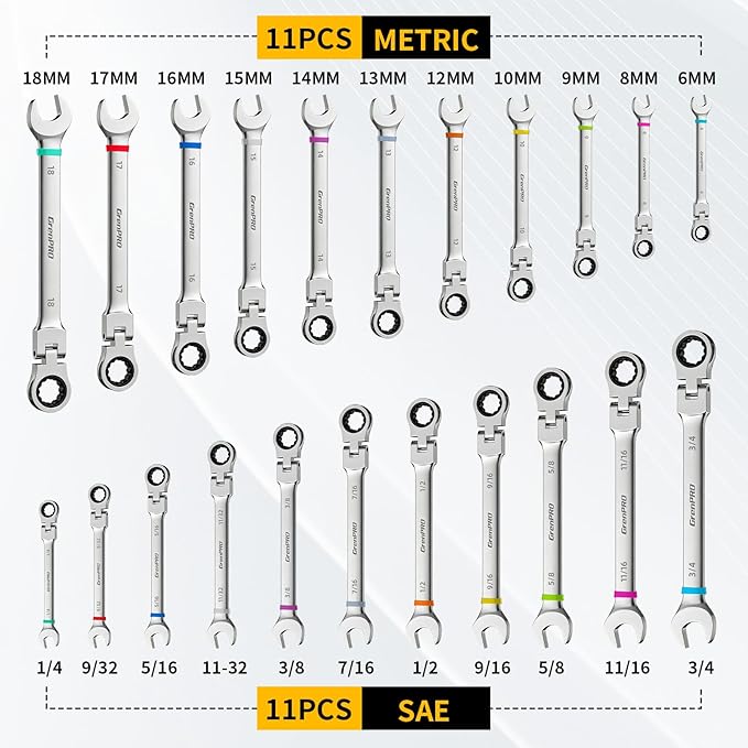 23PCS Flex-Head Ratcheting Wrench Set, Combination Ratchet Wrenches Set Metric and Standard & SAE with Organizer Box, 6-18mm & 1/4" to 3/4" with Color Ring, CRV Socket Mechanic Tools Sets