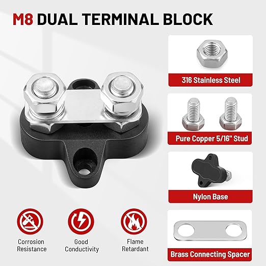 RED WOLF 12V 150A Power Distibution Block 5/16" Dual Stud Busbar M8 Terminal Bus Bar 12 Volt DC Battery Junction Post for Auto Boat Marine Solar System Positive and Negative (2PC)