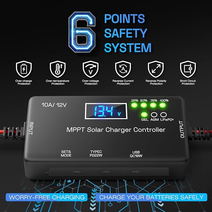 MPPT Solar Charge Controller 12V 10A, Solar Panel Regulator with LCD Display, Type-C & USB Charging Ports, Compatible with LiFePO₄, Lithium, Gel, AGM Battery for RV Boat Marine Off-Grid System
