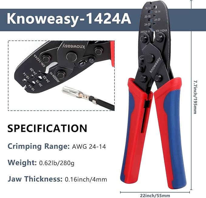 Knoweasy Molex Crimper and Delphi Crimper Compatible with Deutsch DT Series Stamped or Formed Contact,Molex, Delphi, Amp, Tyco, Harley, PC, Automotive - AWG 24-14 Wire Crimper 1424A