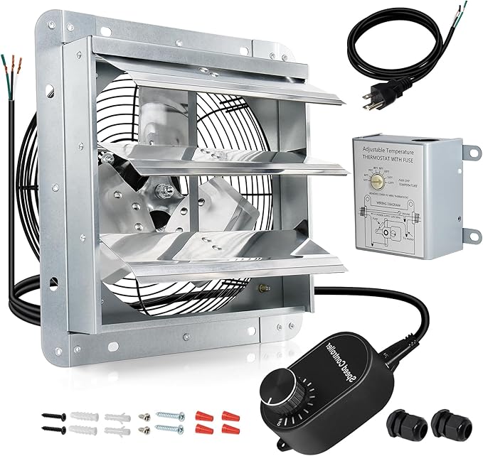 Hiorucet 7 Inch Wall Mounted Shutter Exhaust Fan with Thermostat and Speed Controller for Garage, Greenhouse, Shop, Attics, Chicken Coop, Shed, Basement, 760CFM 1600RPM Low Noise Louvered Exhaust Fan.