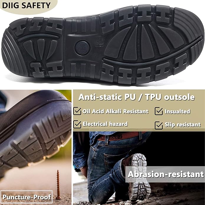 DIIG Work Boots for Men, Steel/Soft Toe Waterproof Working Boots, Slip Resistant Anti-Static Slip-on Safety Working Shoes