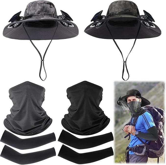 Syhood Solar Powered Fan Hat with Arm Sleeves Neck Gaiter for Men Women Outdoor Wide Brim Bucket Hat with Fan for Hiking