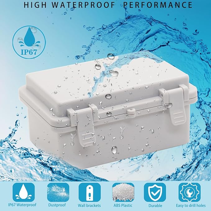 Waterproof Electrical Box Dustproof Junction Box Weatherproof IP67 ABS Plastic Enclosure Switch Router Project Box with Mounting Plate with Wall Bracket 2 Cable Glands Grey 5.9"x3.9"x2.8"