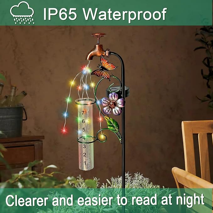 Glass Rain Gauge Outdoor,Solar Lights Faucet Stake with Rain Gauges,Flowing Water LED Lights Stake for Outside,Yard Art,Garden Decor