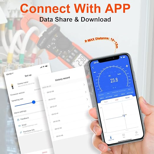 BTMETER Digital Clamp Meter Multimeter, Auto Range 4000 TRMS AC DC Voltmeter Ammeter Test Volt Amp Ohm Capacitance Frequency w/Data Export, Mini Multi Tester BT-7200CAPP