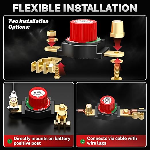 Top Post Battery Disconnect Switch, Car Battery Disconnect Switch, 12V-48V Battery Cut/Shut Off kit for Car RV Boat Truck ATV, Suitable for Positive Terminal, Flexible Installation Options