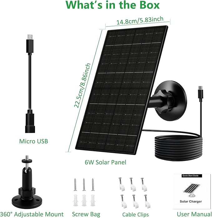 Zivif 6W Solar Panel for Security Cameras, 5V Solar Charger Compatible with Rechargeable Battery Cameras, with USB-C & Micro USB Port, IP66 Waterproof, 360° Adjustable Mount & 7.2ft Cable, Black