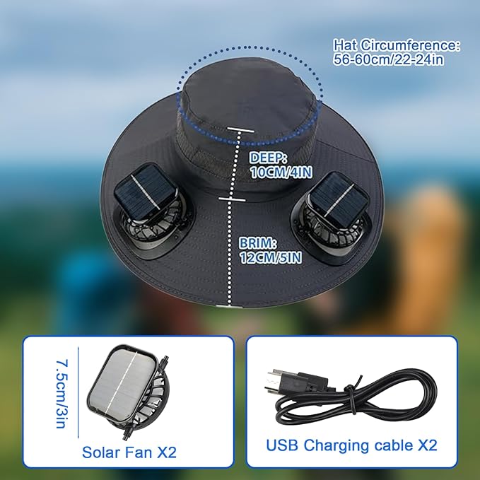 Sombrero Con Ventilador Solar, Solar Fan Hat,Wide Brim Sun Hat with 2 Detachable, for Outdoor Fishing,Hiking Gardening