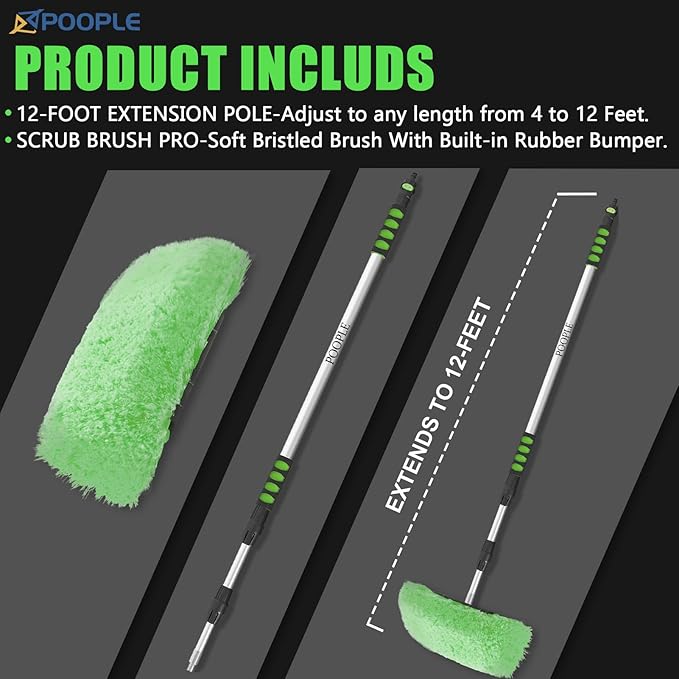 11' Car Wash Brush with Long Handle, 12-inch Flow-Thru Soft Bristle Car Cleaning Brush with Extendable Handle and Hose Attachment for Car, RV, SUV, Truck, Boat, House Siding, Solar Panels,Green