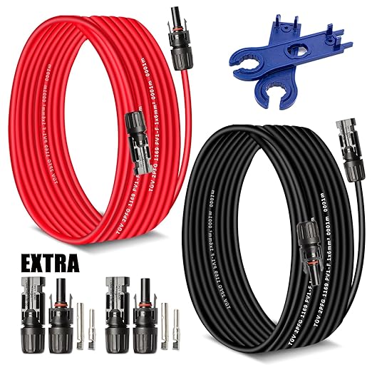 10Feet Solar Extension Cable 10Ft 10AWG (6mm²) Red & Black PV Wire Male Female Connector Adapter Gauge Wire for PV System,Roof Kits,Marine,RV,DC Solar Power Cable (10Ft 10Awg)
