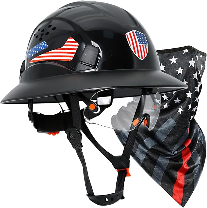 Full Brim Hard Hats Construction OSHA Approved with Visor-Vented Hard Hat with Neck Gaiter with Ear Loops,Safety Hard Hats for Men with Chin Strap ANSI Z89.1 Type 1 Class C,6-pt Suspension