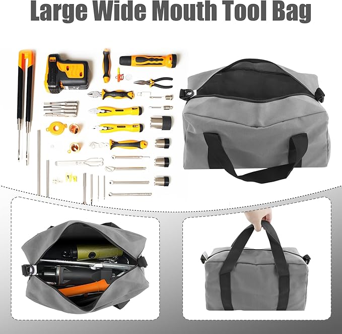 Small Tool Bag,Close Top Wide Mouth Tool Organizer Bag,Large Capacity Tool Bags for Men,Canvas Tool Storage Bag for Storage Handbag for Screwdrivers,Wrench (Shoulder strap+Gray, 20 Inch)