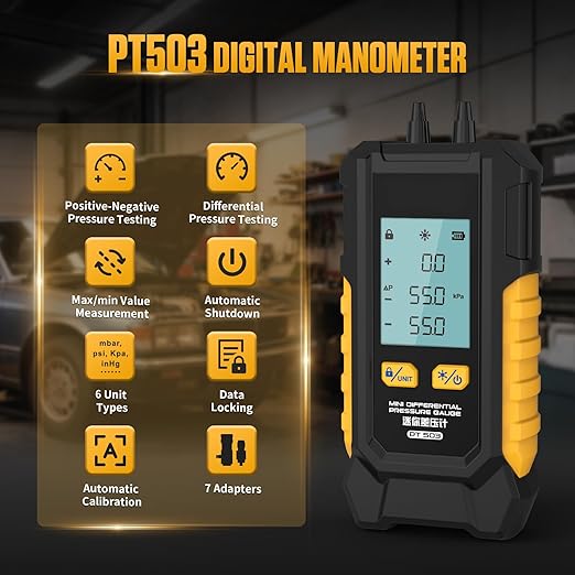 PT503 Manometer Gas Pressure Tester,Dual-Port HVAC Digital Manometer with Range of -100 to 200 KPa, 6 Units, Data Retention, 7Adapters,
