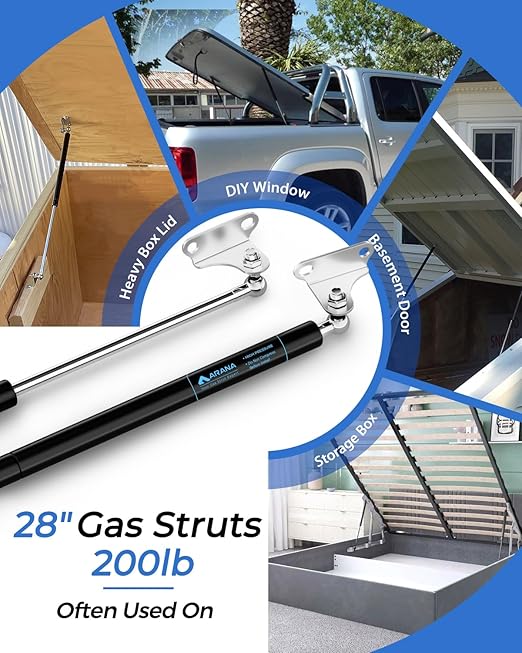 ARANA Gas Struts 28 inch 200lb with Brackets (2 Pack) - Heavy Duty Lift Support for RV Bed & Large Trailer Lid - Hydraulic Spring Shocks for Industrial Equipment Hatch, Large Access Door, Floor Hatch