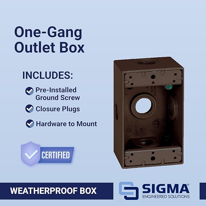 SIGMA ENGINEERED SOLUTIONS Metal Electrical Outlet Box, Weatherproof, Easy Mount Plug and Receptacle Protector, 1 Gang Box, Bronze, (E) 5 Holes
