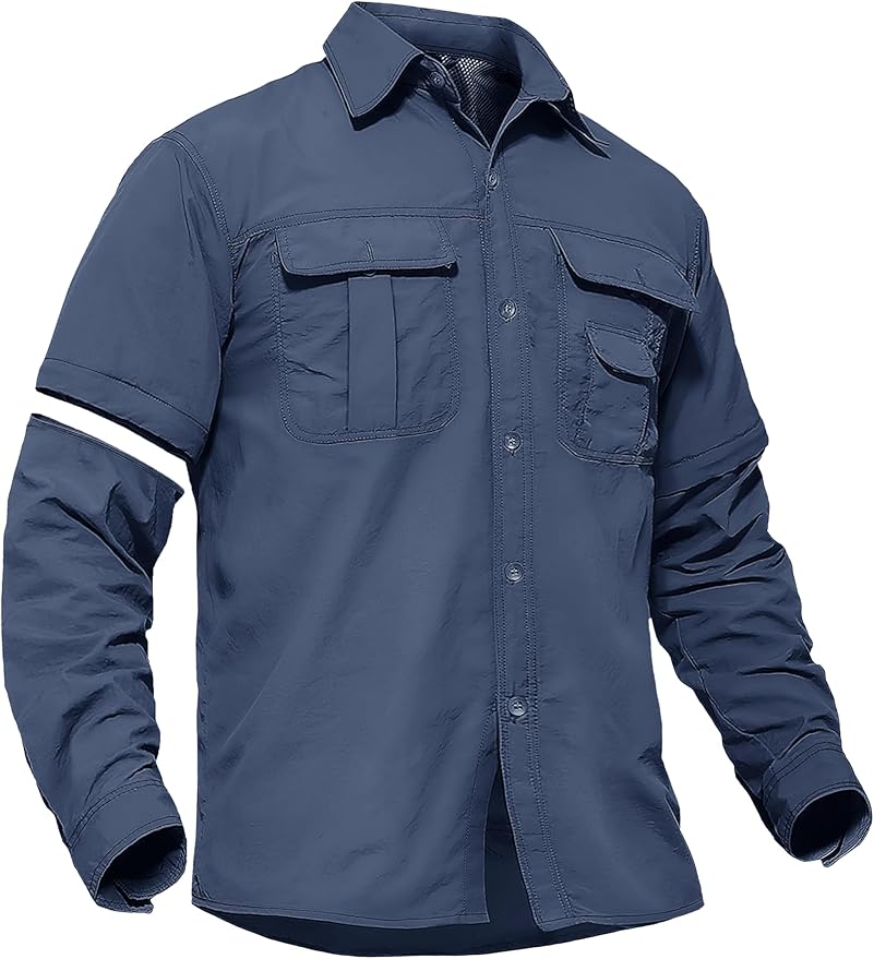 TACVASEN Men's Convertible Long Sleeve Fishing Shirts Lightweight Quick Dry Button Up Tactical Sun Shirts for Safari Hiking