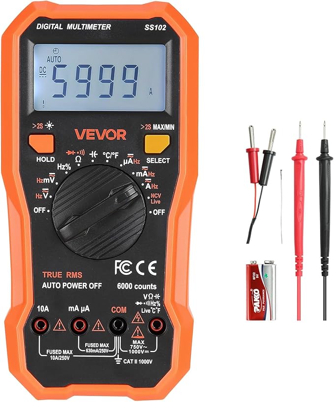 VEVOR Digital Multimeter, 6000-Count TRMS DC/AC Voltmeter Current Tester, Professional NCV Multimeter for Current Voltage Resistance Capacitance Duty-Cycle Tempetature Diodes Continuity Live Wire Test