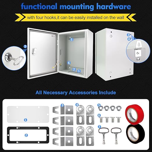 Outdoor Electrical Box, Steel Junction Box 16 x 12 x 8'', NEMA 4X Electrical Enclosure Box IP66 Waterproof & Dustproof, Universal Electrical Project Box with Lock & Mounting Plate