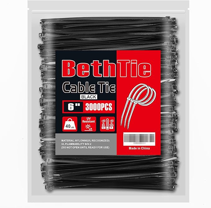 BethTie 3000 PCS Black Zip Ties 6 Inch, 40 LBS Tensile Strength, Self-Locking Nylon PA66 UV Resistant Cable Ties for Indoor and Outdoor Use
