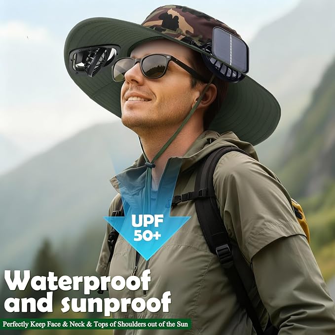 Berlune Men Sun Hat with 2 Solar Fans Wide Brim Outdoor Fishing Hat USB & Solar Powered for Sun Protection Camping Hiking