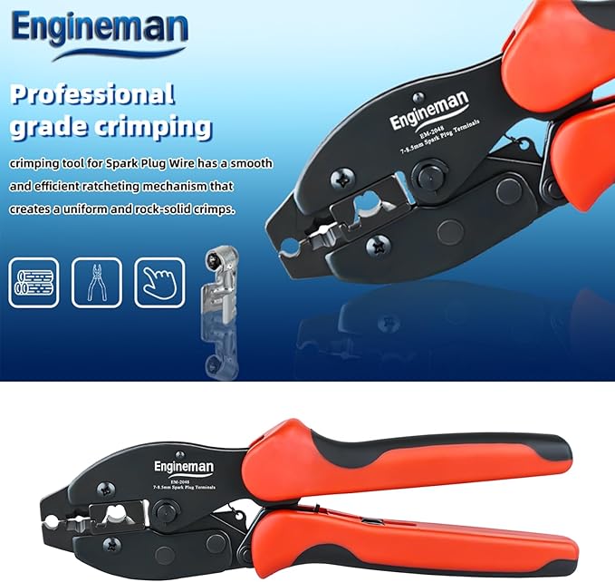 Spark Plug Wire Crimper, Crimping Pliers for Spark Plug Stripping Tool, EM-2048 for Crimping and Stripping Spark Plug Wire, Dia 7.0-8.5mm, Ratchet spark plug wire crimping tool
