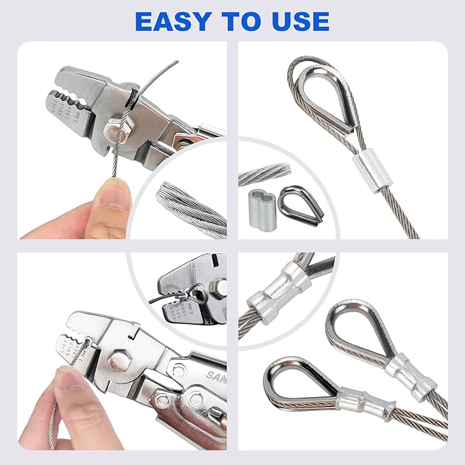 Sanuke Wire Rope Crimping Tool for 3/64 5/64 1/16 Wire Rope with 304 Stainless Steel Cable 3 Sizes 33FT and 150pcs Sleeves Stops, 10pcs Thimble