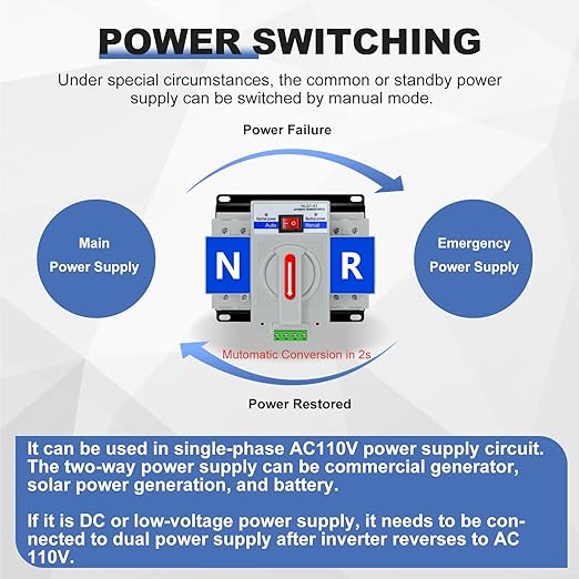 110V Dual Power Automatic Transfer Switch, 2P 63A CE Certified ATS Generator Changeover Switch 50Hz/60Hz
