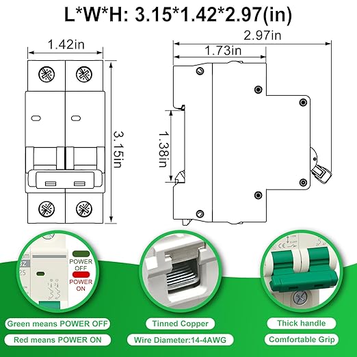 DC Miniature Circuit Breaker 25 Amp Solar Disconnect Switch DC1000V AC400V 2P MCB for PV, UPS, RV Battery, DIN Rail Mount