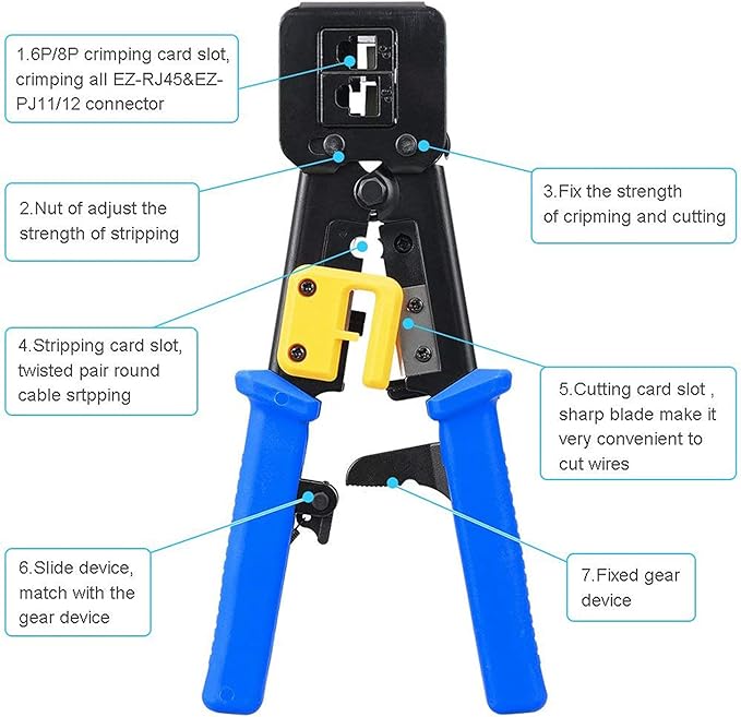 RJ45 Crimping Tool Ethernet Crimper for Cat6 Cat5 Cat5e RJ45 Pass Through Connectors and RJ12 Ends Comes with 20PCS RJ45 Cat6 Connectors and Replacement Blades
