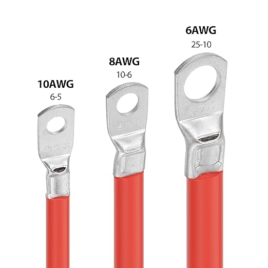 Jtron 20 inch Cable 6 AWG (25-8) Specification red + Black Pure Copper Battery Inverter Cable Solar, Marine lugs can be Used for Battery Switch(Available Current 200A)