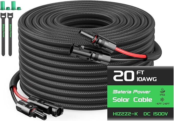 Bateria Power 10AWG 20FT Twin Wire Solar Panel Extension Cable, 10 Gauge PV Wire with IP68 Female & Male Waterproof Connectors, Flame Retardant Protective Sleeving and Dust Caps for Home, RV