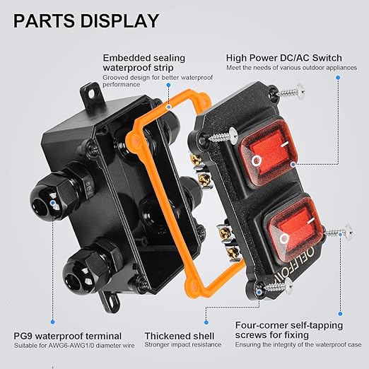 Waterproof On Off Toggle Switch Double Switch with Red Light Rocker Button Inline Cord Switch DPST AC/DC 20A-125V,16A-250V,30A-24V,35A-12V, IP66 4 Exit