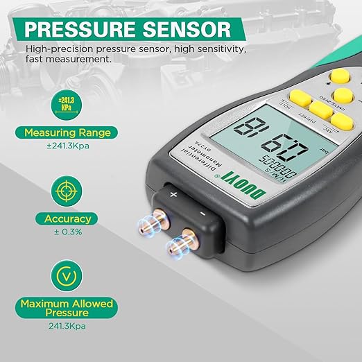Manometer Gas Pressure Tester ±241.3Kpa/35Psi Wide Range Digital Manometer Lp Gas Pressure Tester with 11 Pressure Units, MAX/MIN/AVG Measurement, Data Storage/Hold, 9V Battery