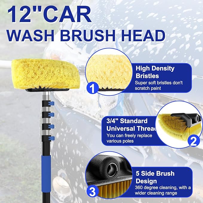 18Ft Reach Car Wash Brush with Long Handle, Car Cleaning Brush 12-Inch Soft Bristles, 3-12Foot Aluminium Telescoping Pole for Scratch-Free Cleaning RV, Car, Boats, Truck, Floors, Solar Panels