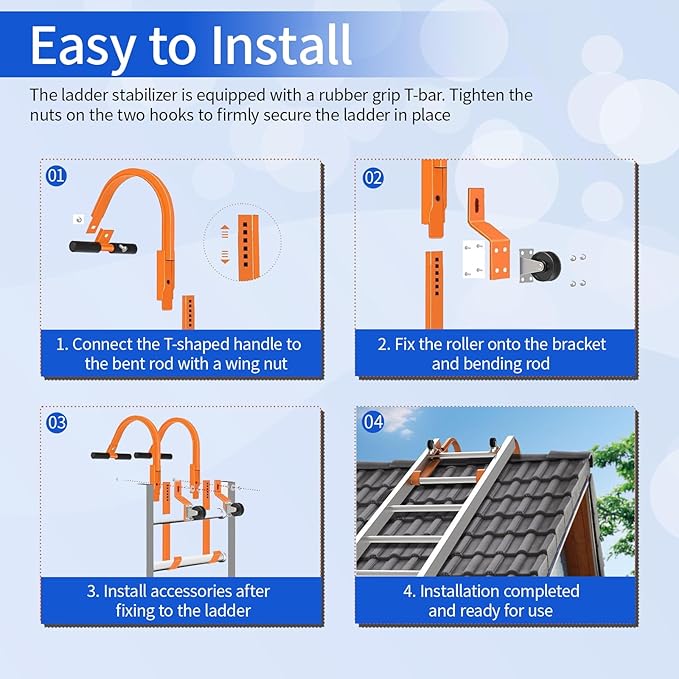 Roof Ladder Hook, 2 Pack Ladder Stabilizer with Wheel, Heavy Duty Steel 500 Lbs Weight Ratin Roof Ridge Extension, Rubber Grip T-Bar for Damage Prevention, Fast and Easy Setup to Access Steep Roofs