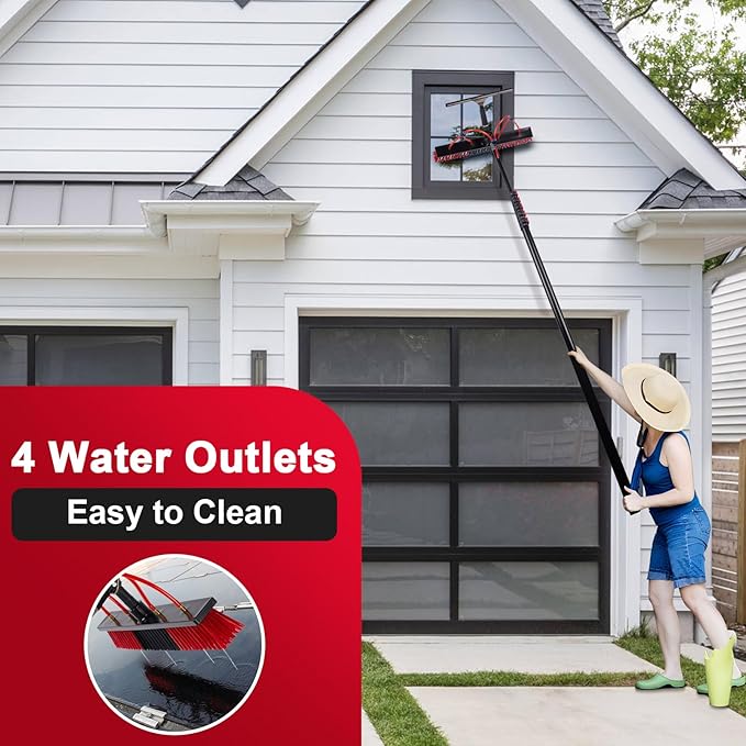 24FT Solar Panel Cleaning Brush & Squeegee Kit, Proffesional Window Washing Tool, 22in Wide Brush & 2 Dusting Brush, Water Fed Pole, Extendable Telescopic Pole for Roof Mounted Solar Panels