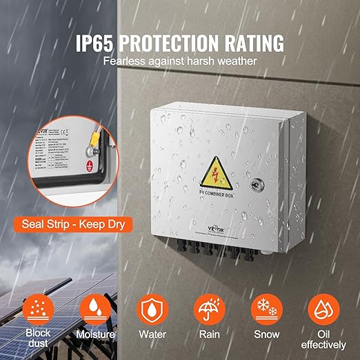 VEVOR 6 String PV Combiner Box, Metal Solar Combiner Box with 15A Rated Current Fuse & 125A Circuit Breaker for On/Off Grid Solar Panel System, IP65