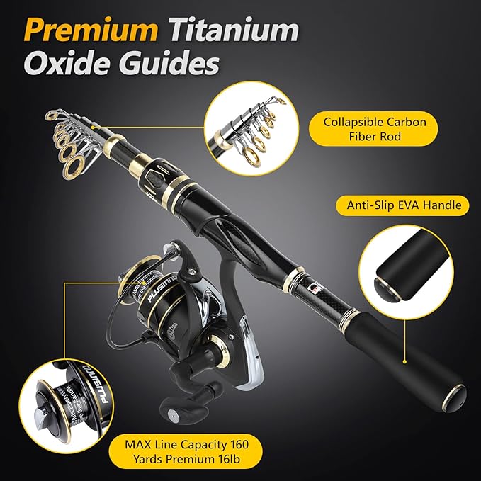 PLUSINNO Fishing Rod and Reel Combos Set,Telescopic Fishing Pole with Spinning Reels, Carbon Fiber Fishing Rod for Travel Saltwater Freshwater Fishing