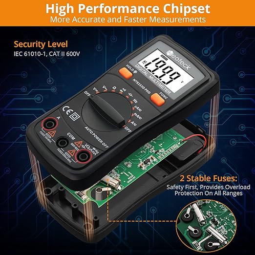 Neoteck Auto Ranging Digital Multimeter, AC/DC Amp Ohm Voltage Tester Meter with Resistance Continuity Capacitance and Diode Test- Black