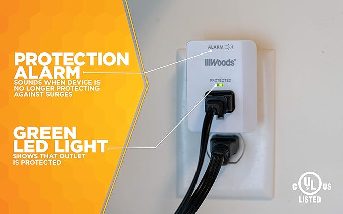 Southwire Woods Surge Protector - 1 Outlet - 1080J Appliance Surge Protection - LED Indicator Light and Alarm - Slim Space Saving Design - White - cULus Listed
